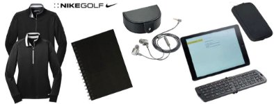 Seven Sessions - Notebook, pen, iFidelity Earbuds, Voyager Bluetooth Keyboard and Case & Nike Golf Dri-FIT 1/2-Zip Cover-Up
