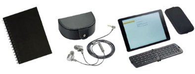 Five Sessions - Notebook, pen, iFidelity Earbuds & Voyager Bluetooth Keyboard and Case